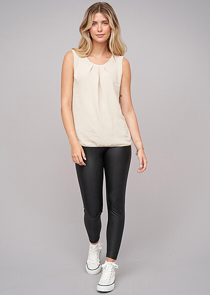 Cloud5ive Dames Effen top met rimpeling en ronde hals beige