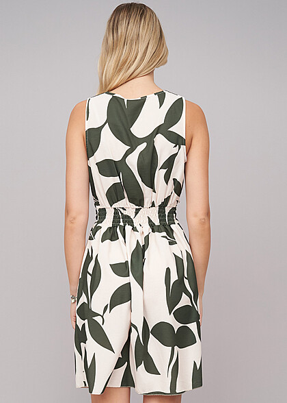 Cloud5ive Dames Jurk met rimpeling en bloemenprint groen beige