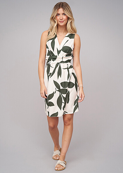 Cloud5ive Dames Jurk met rimpeling en bloemenprint groen beige