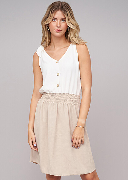 Cloud5ive Dames Tweekleurige jurk met knoopsluiting en knoopdetails beige wit
