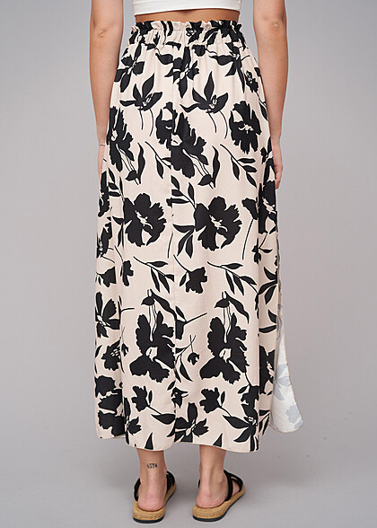 Cloud5ive Dames Maxirok met zijsplitten en bloemenprint beige zwart