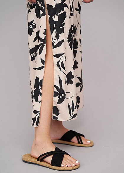 Cloud5ive Dames Maxirok met zijsplitten en bloemenprint beige zwart