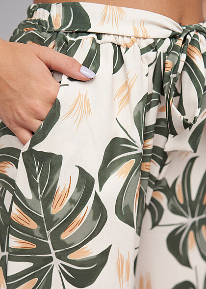 Cloud5ive Dames Zomerbroek met strikceintuur en palmboomprint groen