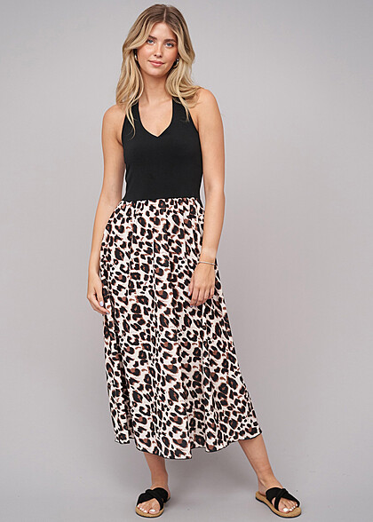 Cloud5ive Dames Halter maxijurk met luipaardprint zwart bruin
