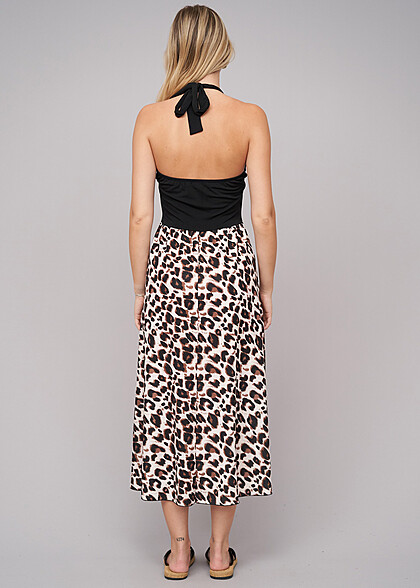 Cloud5ive Dames Halter maxijurk met luipaardprint zwart bruin