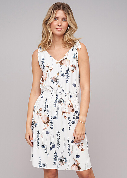 Cloud5ive Dames Jurk met knoopsluiting en bloemenprint wit