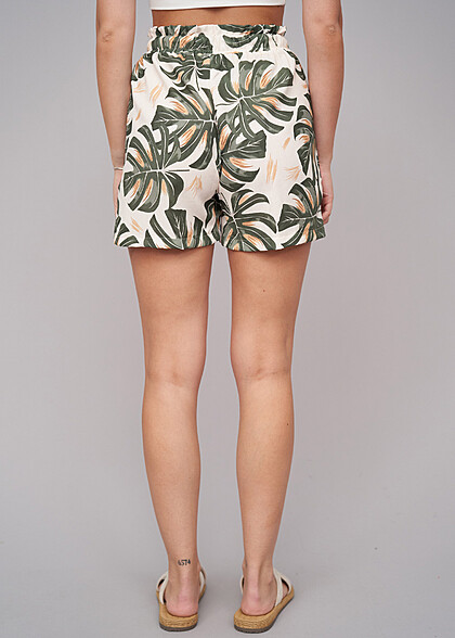 Cloud5ive Dames Paperbag short met strikceintuur en palmboomprint groen beige