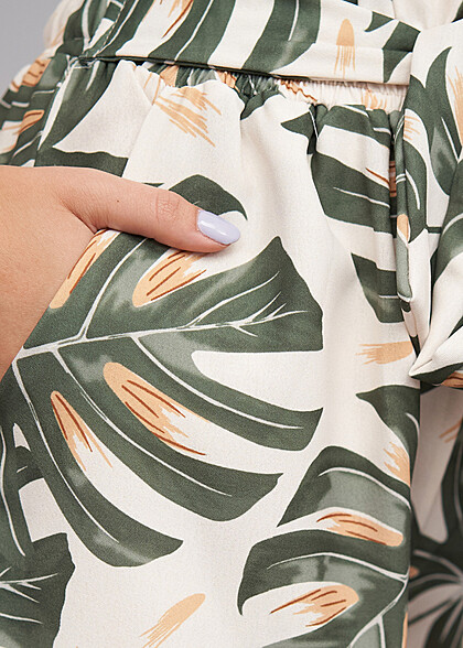 Cloud5ive Dames Paperbag short met strikceintuur en palmboomprint groen beige