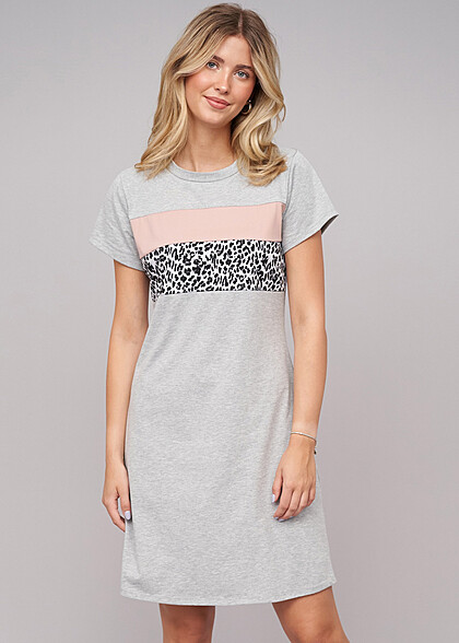Cloud5ive Dames T-shirtjurk in colorblock design met ronde hals gemleerd grijs