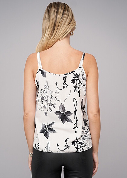 Cloud5ive Dames Top met bandjes rimpeling en bloemenprint wit zwart