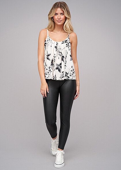 Cloud5ive Dames Top met bandjes rimpeling en bloemenprint wit zwart