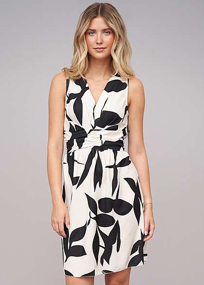 Cloud5ive Dames Jurk met Plooiwerk en Bloemenprint zwart beige