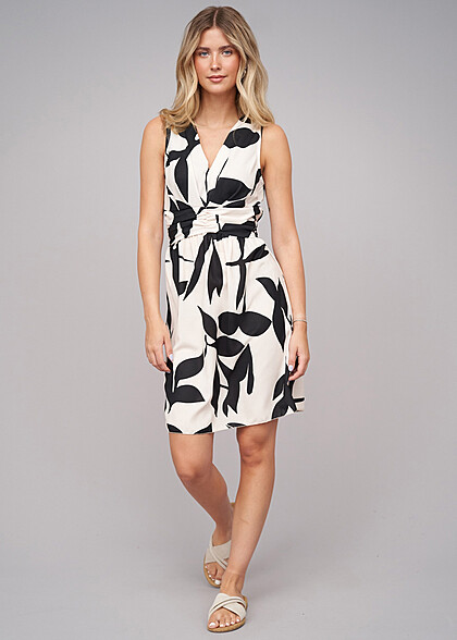 Cloud5ive Dames Jurk met Plooiwerk en Bloemenprint zwart beige
