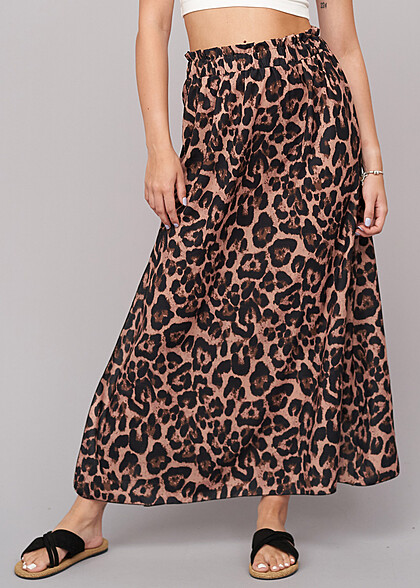 Cloud5ive Dames Maxi Rok met Zijsplit en Luipaardprint bruin zwart