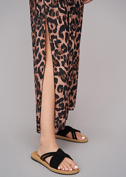 Cloud5ive Dames Maxi Rok met Zijsplit en Luipaardprint bruin zwart