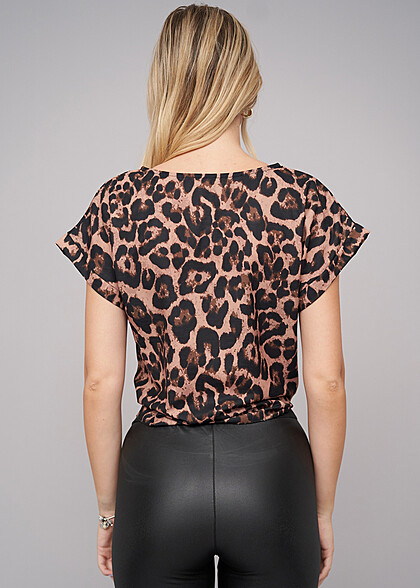 Cloud5ive Dames T-shirt met Knoopdetail en Luipaardprint bruin zwart