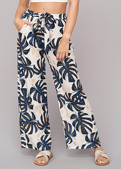 Cloud5ive Dames Zomer Broek met Strikceintuur en Palmenprint marineblauw