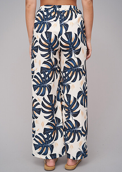Cloud5ive Dames Zomer Broek met Strikceintuur en Palmenprint marineblauw