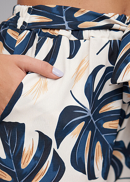 Cloud5ive Dames Zomer Broek met Strikceintuur en Palmenprint marineblauw