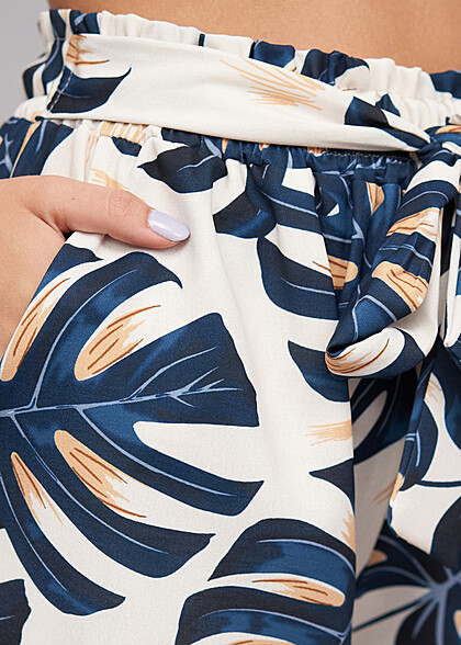 Cloud5ive Dames Paperbag Shorts met Strikceintuur en Palmenprint marineblauw beige