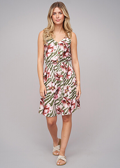Cloud5ive Dames Jurk met Knoopsluiting en Knoopdetails Bloemen-Dierenprint veelkleurig