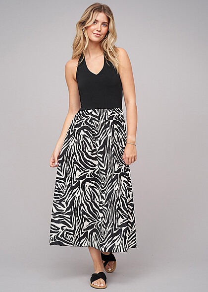 Cloud5ive Dames Halter Maxi Jurk met Zebraprint zwart wit