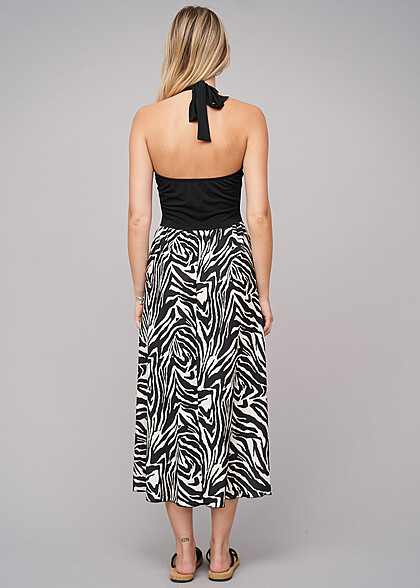 Cloud5ive Dames Halter Maxi Jurk met Zebraprint zwart wit