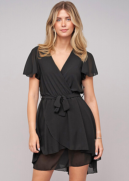 Cloud5ive Dames Chiffon Wikkeljurk met Strikceintuur zwart