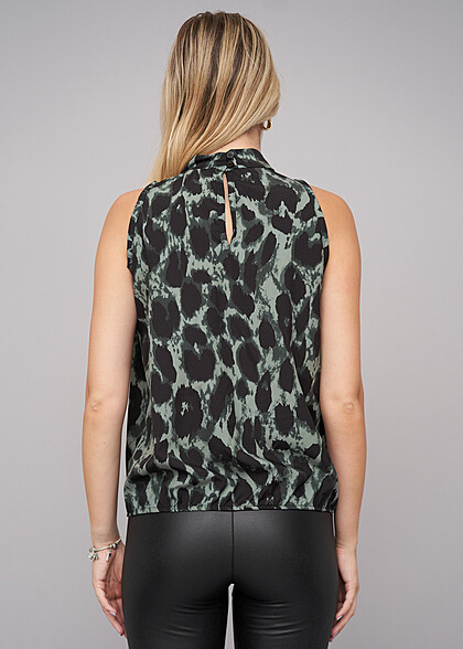 Cloud5ive Dames Choker Top met Elastische Boord en All-Over Luipaardprint groen zwart