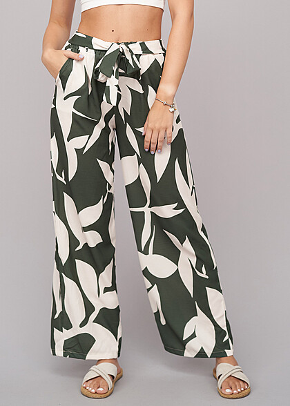 Cloud5ive Dames Broek met Bloemen All Over Print en Bindceintuur beige groen