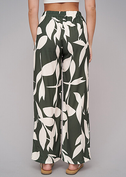 Cloud5ive Dames Broek met Bloemen All Over Print en Bindceintuur beige groen