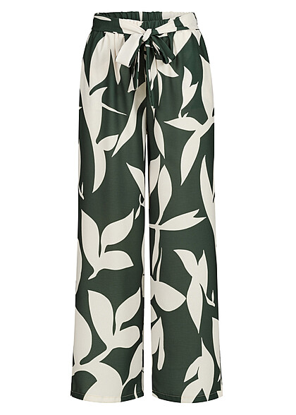 Cloud5ive Dames Broek met Bloemen All Over Print en Bindceintuur beige groen