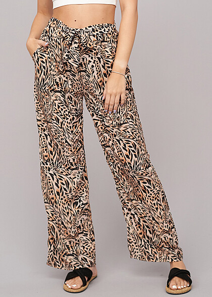 Cloud5ive Dames Zomerbroek met All Over Luipaard Print en Bindceintuur bruin