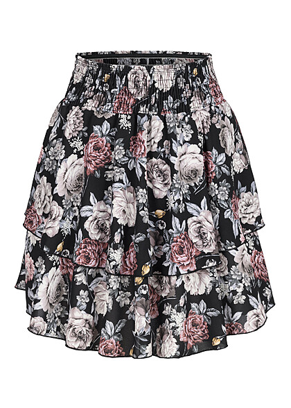 Cloud5ive Dames Stappenrok met All Over Bloemen Print zwart veelkleurig