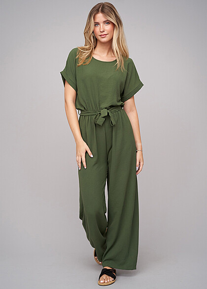 Cloud5ive Dames Jumpsuit met Bindceintuur en Split Achteraan military groen