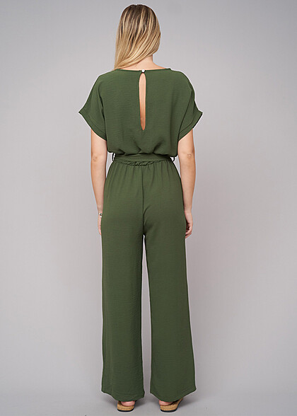 Cloud5ive Dames Jumpsuit met Bindceintuur en Split Achteraan military groen