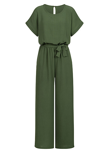 Cloud5ive Dames Jumpsuit met Bindceintuur en Split Achteraan military groen