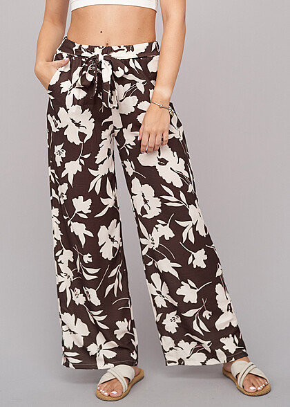 Cloud5ive Dames Zomerbroek met Bindceintuur en All Over Bloemen Print beige bruin