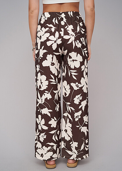 Cloud5ive Dames Zomerbroek met Bindceintuur en All Over Bloemen Print beige bruin