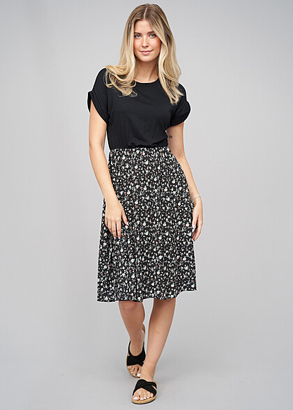 Cloud5ive Dames T-Shirt-Jurk met Bloemen Print en Ronde Hals zwart veelkleurig