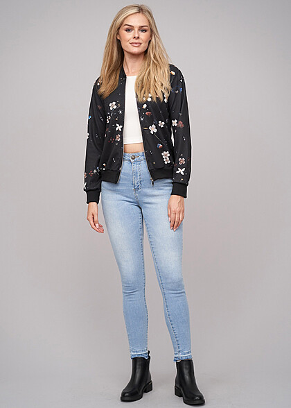 Cloud5ive Dames Blouson Bomberjack met Bloemen Print zwart veelkleurig
