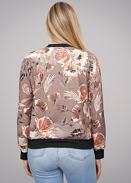 Cloud5ive Dames Blouson Bomberjack met Bloemen Print bruin beige