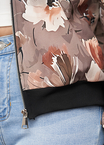 Cloud5ive Dames Blouson Bomberjack met Bloemen Print bruin beige