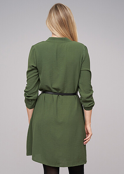 Cloud5ive Dames Musselin Jurk met Turn-Up Mouwen incl. Riem military groen
