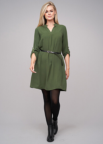 Cloud5ive Dames Musselin Jurk met Turn-Up Mouwen incl. Riem military groen