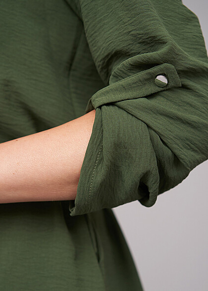 Cloud5ive Dames Musselin Jurk met Turn-Up Mouwen incl. Riem military groen