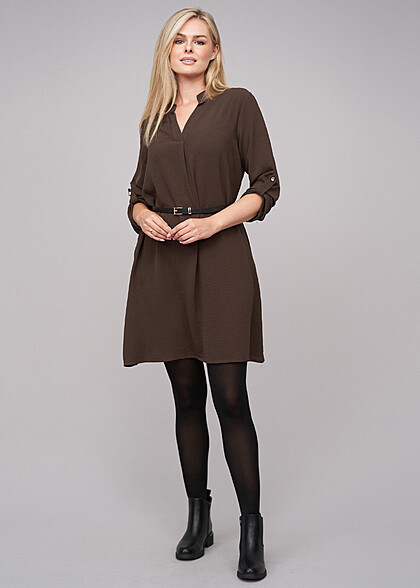 Cloud5ive Dames Musselin Jurk met Turn-Up Mouwen incl. Riem bruin