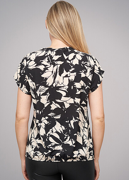 Cloud5ive Dames Blouse Top met Abstract Print en Elastische Band aan de Onderkant beige zwart