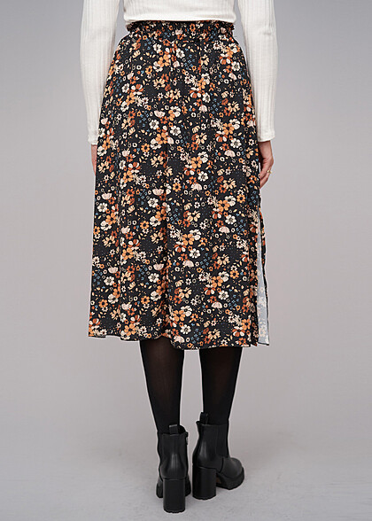 Cloud5ive Dames Midi Rok met Bloemen Print zijsplit zwart veelkleurig