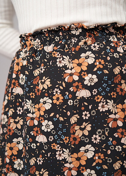 Cloud5ive Dames Midi Rok met Bloemen Print zijsplit zwart veelkleurig
